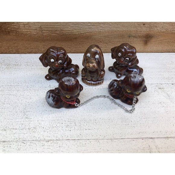 5 Vtg Japan Brown Dogs On Chain Ceramic Figurine Set Redware Pottery MCM 60s - Picture 2 of 6
